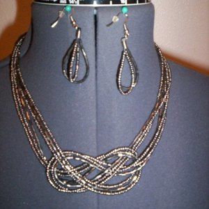 My Style Gold Glass Seed Beads Knoted Chocker Clasp Necklace & Earrings